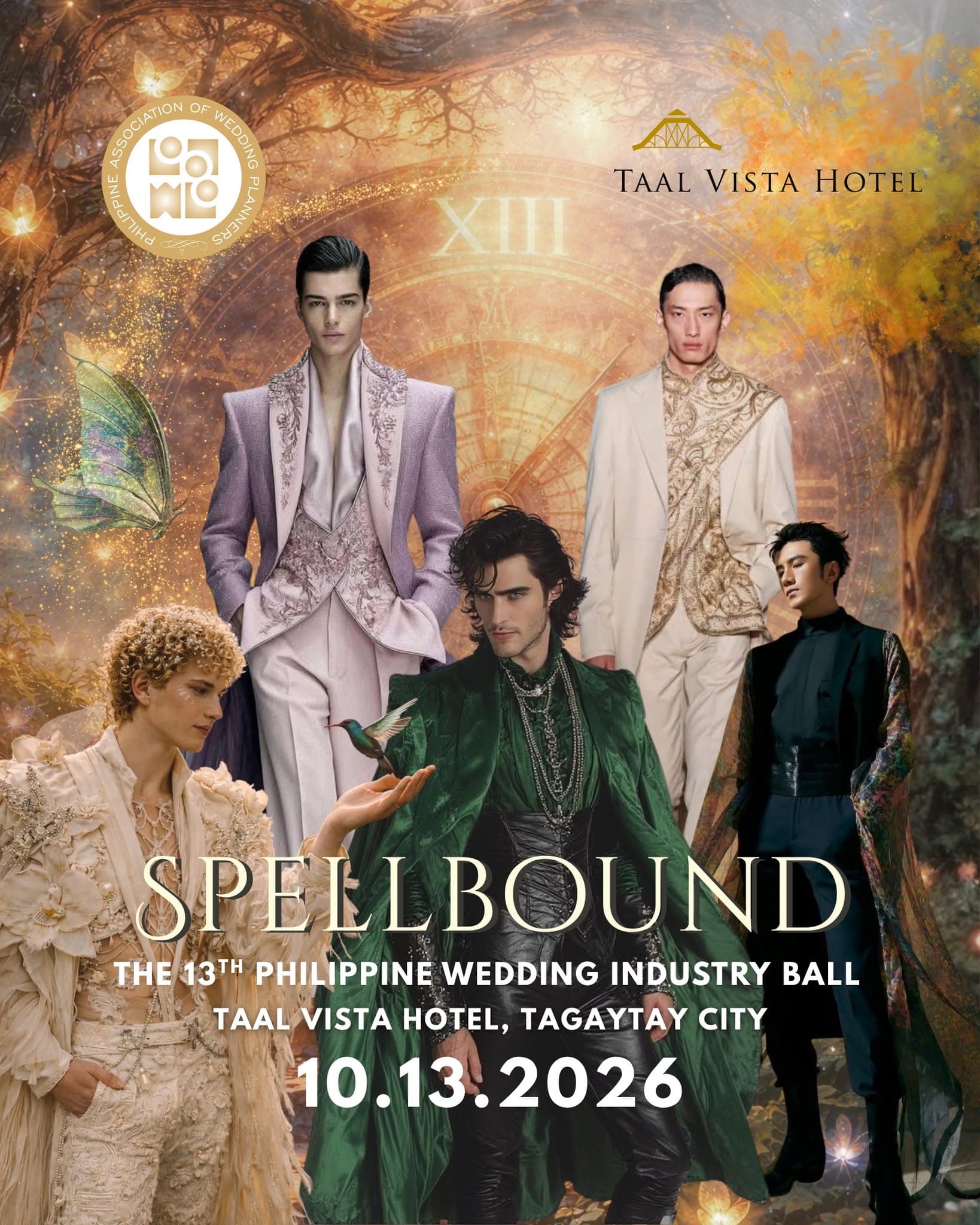 Spellbound attire reference with ivory, moss, and twilight formal wear
